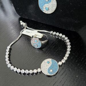 Elegant Silver and Aqua Yin Yang Necklace, Bracelet and Ring Set